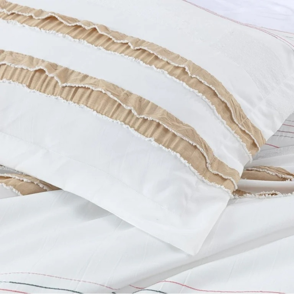 White Comforter with Tan Stripe Detailing - Elegant Layered Comfort - Picture 3 of 5